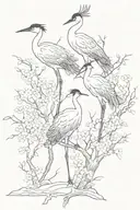 Red-crowned cranes and sakura in a foggy haze tattoo design idea