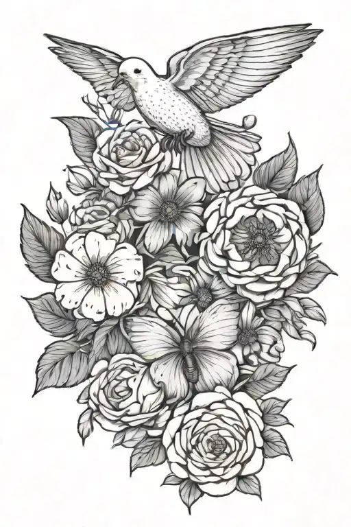 flowers, doves, butterflies, bees tattoo design idea