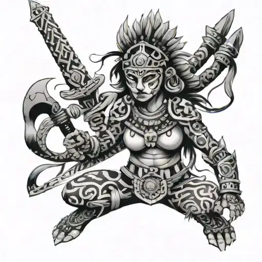 Aztec jaguar warrior with swords stuck in her tattoo design idea