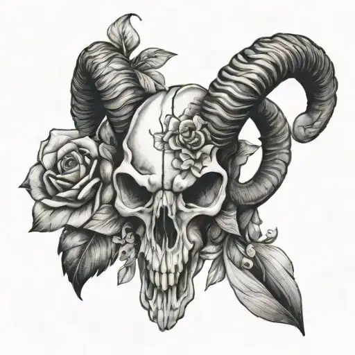 half ram skull  half flower intertwined tattoo design idea