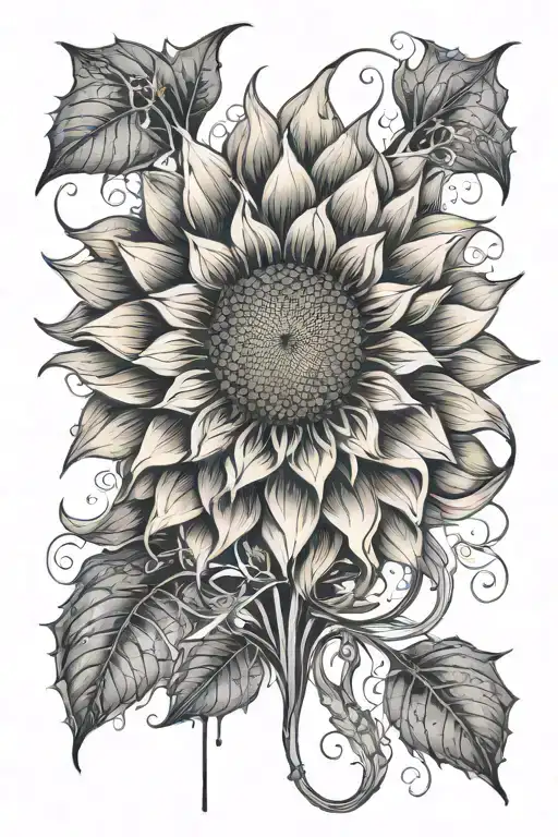 A fountain blooming into a sunflower with intricate details. color focused on sunflower and water tattoo design idea