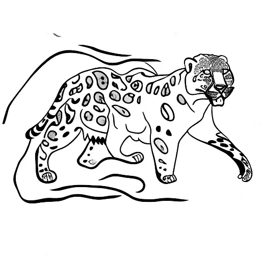 A minimalist tattoo of a snow leopard walking across a historical map tattoo design idea