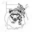 A minimalist tattoo of a snow leopard walking across a historical map tattoo design idea