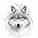 Wolf looking into water mountains trees stream tattoo design idea