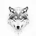 Wolf looking into water mountains trees stream tattoo design idea