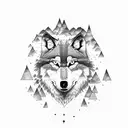 Wolf looking into water mountains trees stream tattoo design idea