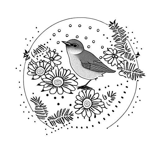A dotwork design of a New Zealand North Island Robin surrounded by heather flowers and sunflowers tattoo design idea