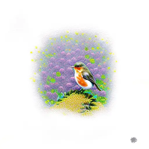 A dotwork design of a New Zealand North Island Robin surrounded by heather flowers and sunflowers tattoo design idea