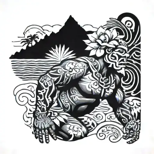 makoa Hawaiian warrior with Hawaiian islands and a tribal stripe with hibiscus tattoo design idea