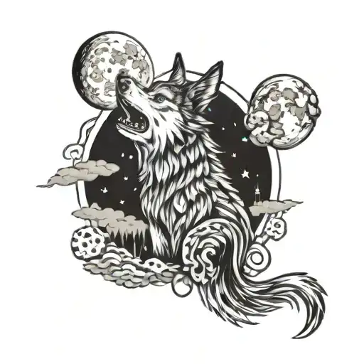 An intricate design of a wolf howling at the moon while surrounded by sleeping creatures, incorporating elements of open-pit mining equipment subtly in the background tattoo design idea
