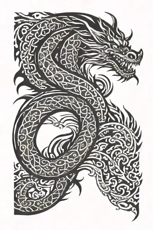 dragon sleeve wraps around the arm and turns into patterns in tribal style tattoo design idea