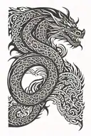 dragon sleeve wraps around the arm and turns into patterns in tribal style tattoo design idea