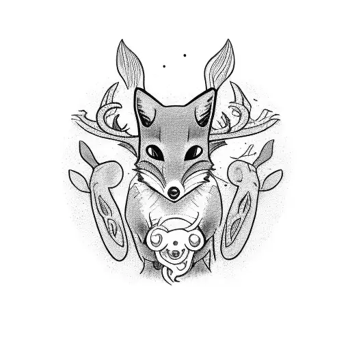 a group of friendly of a rat , a fox, a squid, a deer and a priranha tattoo design idea