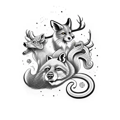 a group of 5 animal a rat , a fox, a squid, a deer and a priranha tattoo design idea
