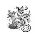 a group of 5 animal a rat , a fox, a squid, a deer and a priranha tattoo design idea
