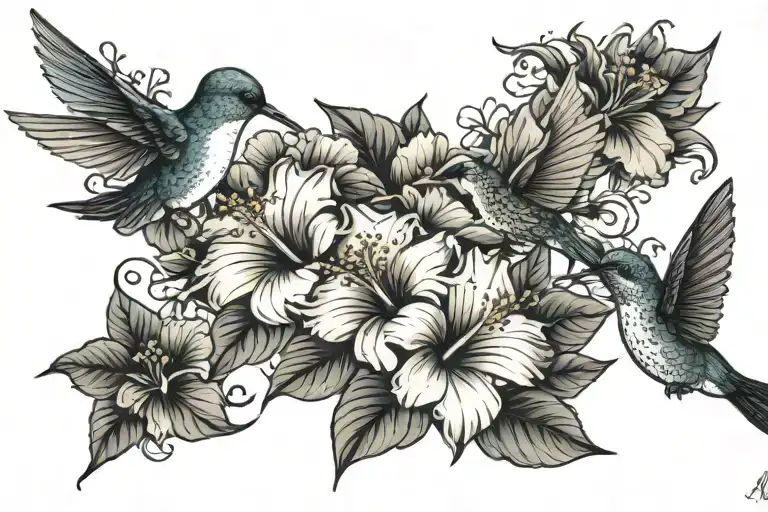 hibiscus flowers, hummingbirds, butterflies tattoo design idea