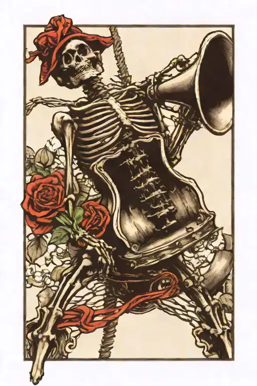 Grateful Dead Bertha skeleton tolling Liberty bell above with rope tattoo design idea