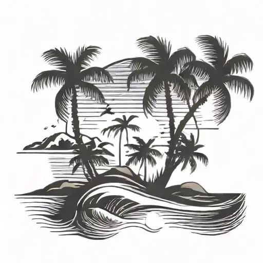 A serene beach sunset with palm trees swaying in the breeze, incorporating subtle energy symbols in the sky tattoo design idea