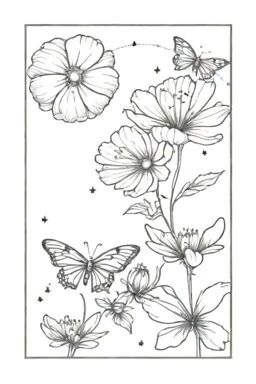 two cosmos flowers with Libra constellation and a butterfly tattoo design idea