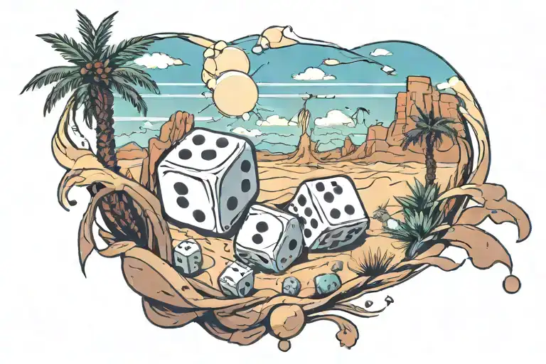 desert landscape and dice intertwined tattoo design idea