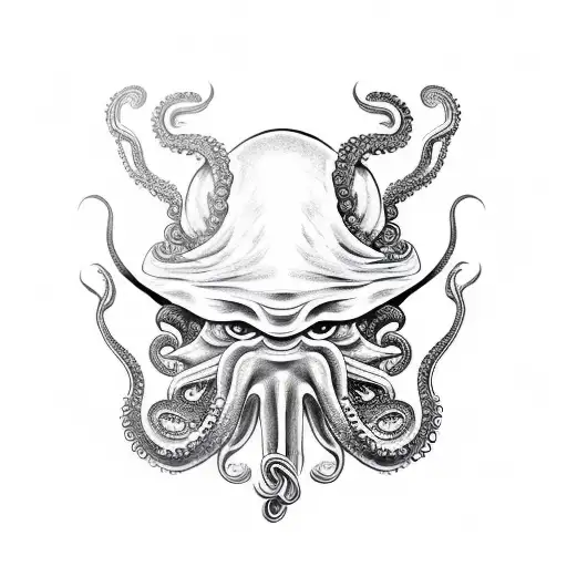 octopus wrapped around tengu mask with tentacles cut off tattoo design idea