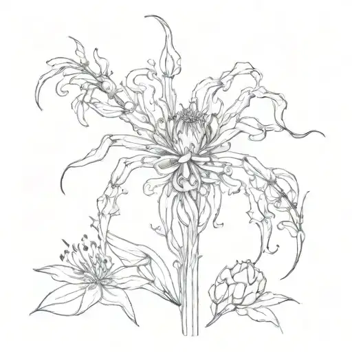 draw a sketch for a full-length lycoris spider flower tattoo with Chinese characters tattoo design idea