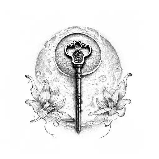 a skeleton key emerging from the moon, under a Lily, surrounded by delicate floral patterns tattoo design idea