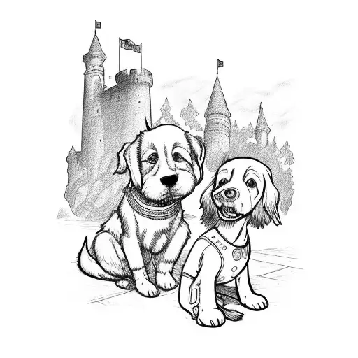 Coloring page of an adventurous girl petting a naughty dog ​​in front of a medieval castle. intricate details. borderles tattoo design idea