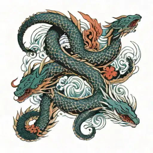 dragon and whale spiralling around eachother tattoo design idea