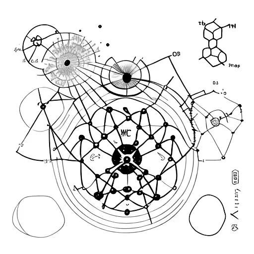A chemistry-inspired tattoo design with flying molecules and a vinyl record tattoo design idea