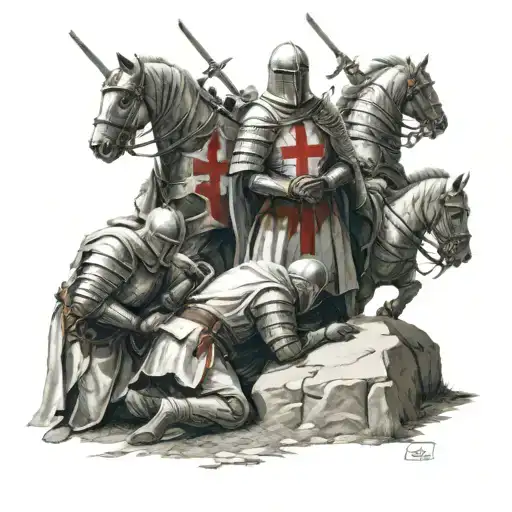 three knight templars one kneeling before a grave, other two standing at the back tattoo design idea