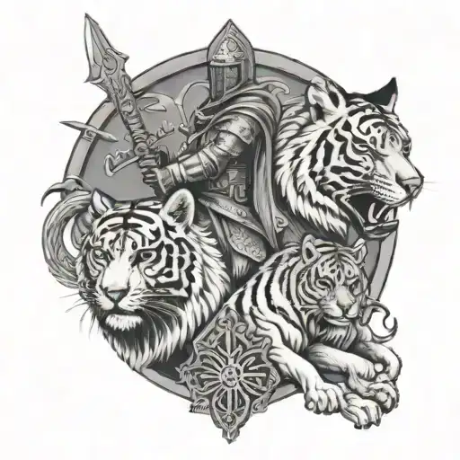 A knight templar with a tiger and a wolf as his loyal companions, symbolizing strength and loyalty tattoo design idea