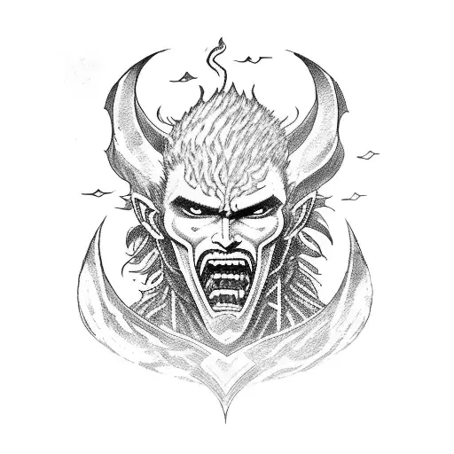 Guts from berserk with a brand of sacrifice above his head and the beast and the beast of darknes is on the right side tattoo design idea