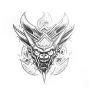 Guts from berserk with a brand of sacrifice above his head and the beast and the beast of darknes is on the right side tattoo design idea