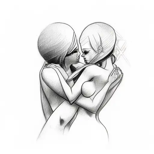 A sketch-style tattoo depicting a passionate embrace between two lovers with subtle BDSM elements tattoo design idea