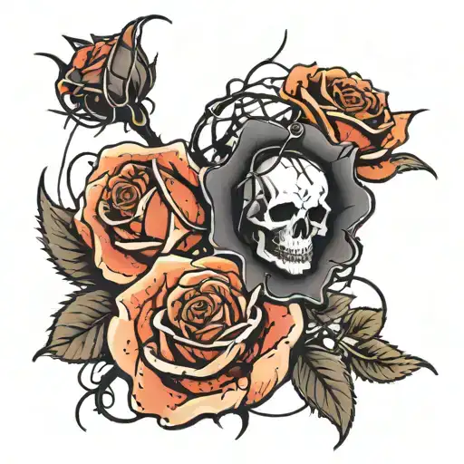 black rose with a tiny skull head sitting in the center of the rose with a long stem that has thorns wrapped barbwire.  tattoo design idea
