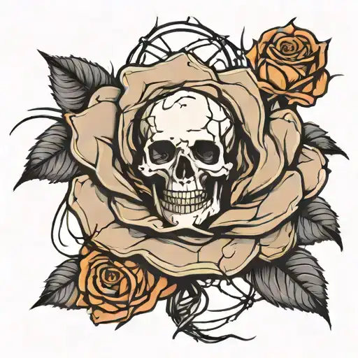 single black rose with a tiny skull head sitting in the center of the rose, long stem that has thorns wrapped barbwire.  tattoo design idea