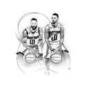 A computer screen displaying Damian Lillard and Clyde Drexler playing basketball with their dogs tattoo design idea