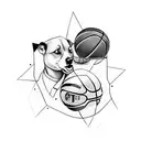 A computer screen displaying Damian Lillard and Clyde Drexler playing basketball with their dogs tattoo design idea