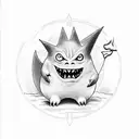 Tarot Card whit a creep Gengar  in center write "Ghost" tattoo design idea