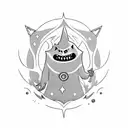 Tarot Card whit a creep Gengar  in center write "Ghost" tattoo design idea