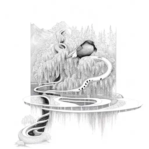 waterfall and raven and snake and weeping willow tree tattoo design idea