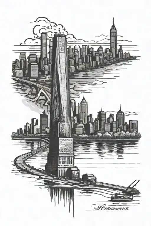 Delaware river, Pennsylvania nature, with nyc freedom tower in the background  tattoo design idea