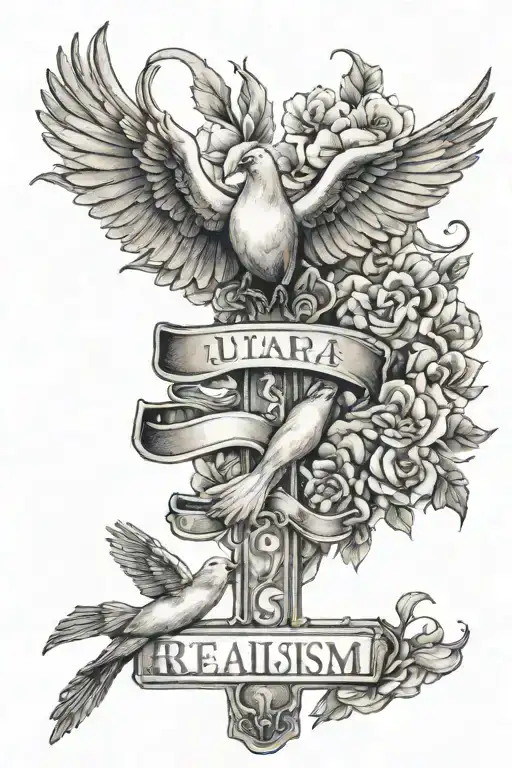 cross with 3 doves flying around it with the words tattoo design idea