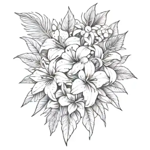 a bouquet of tropical flowers tattoo design idea