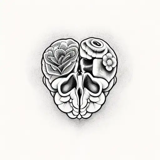 half a brain next to half a heart with flowers coming out of the heart tattoo design idea