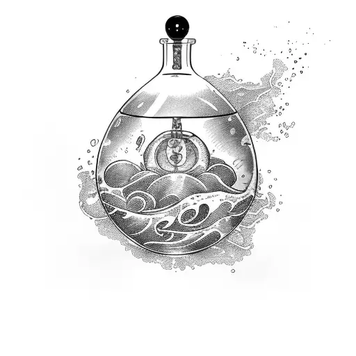 An alchemist's potion bottle filled with swirling ocean waves tattoo design idea