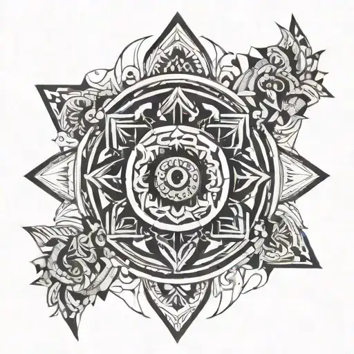 A geometric mandala incorporating elements of Indian mythology and symbolism tattoo design idea