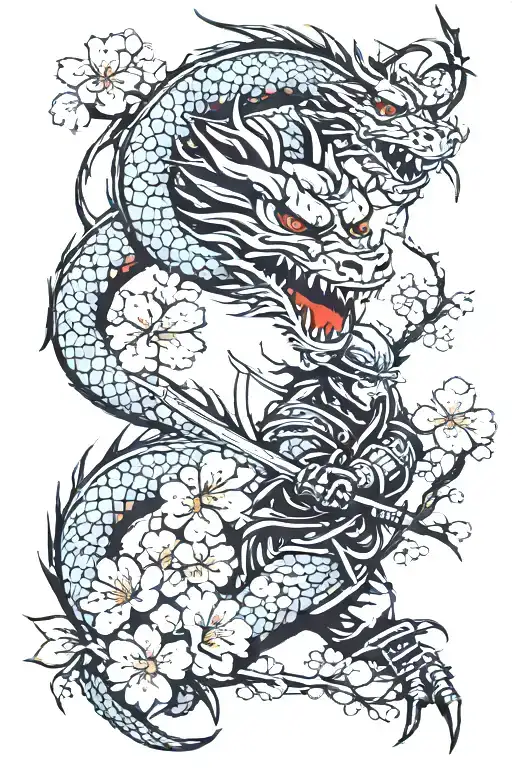 dragon with samurai warrior holding sword and cherry blossom tree tattoo design idea