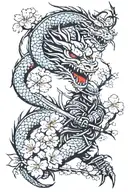 dragon with samurai warrior holding sword and cherry blossom tree tattoo design idea